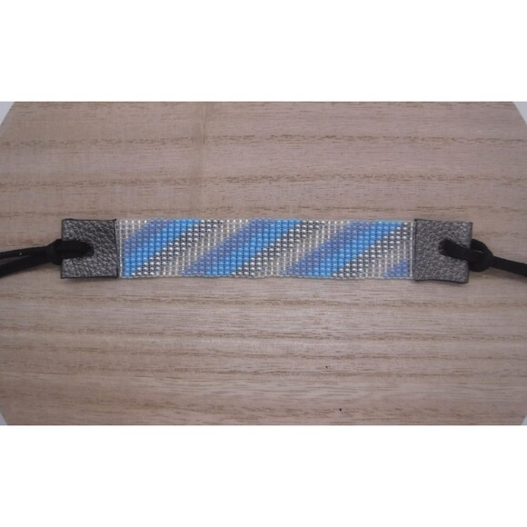 Loom Beaded Bracelet Blues & Silver w/ Vegan Leather - Picture 2 of 4